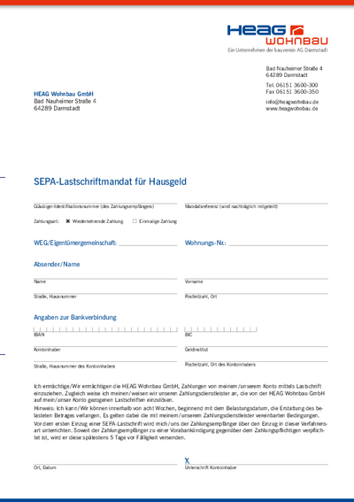 SEPA-Lastschriftmandat für Hausgeld (ehemals Einzugsermächtigung)